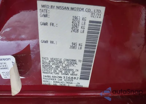 2021 Nissan Altima Sv Fwd из США, поврежденный, VIN 1N4BL4DV2MN356882